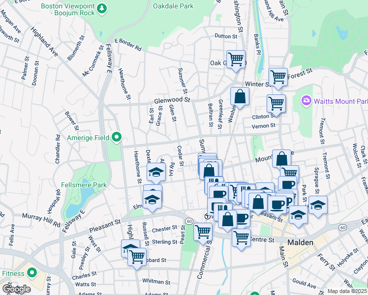 map of restaurants, bars, coffee shops, grocery stores, and more near 32 Rockland Avenue in Malden
