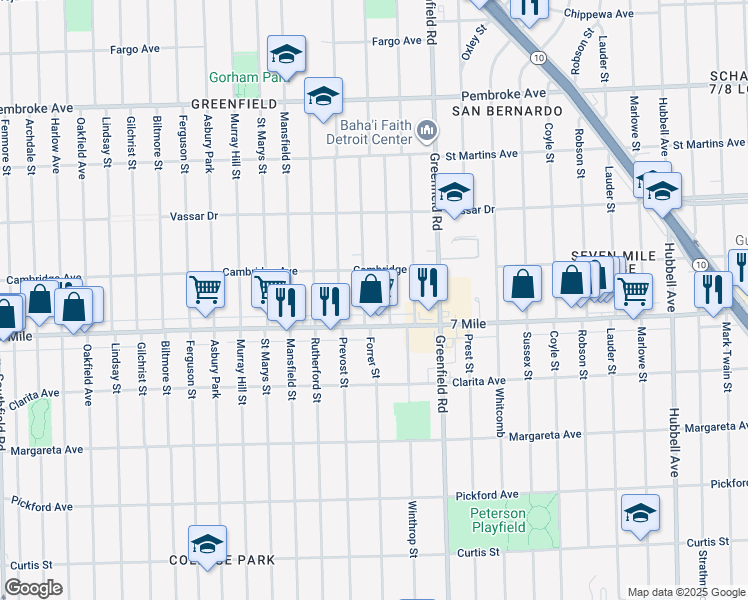 map of restaurants, bars, coffee shops, grocery stores, and more near 19156 Forrer Street in Detroit