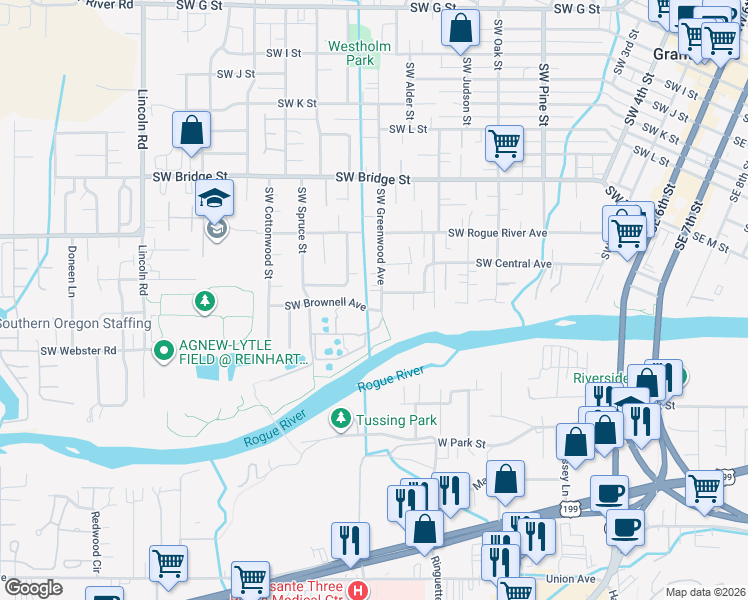 map of restaurants, bars, coffee shops, grocery stores, and more near 1156 Southwest Greenwood Avenue in Grants Pass