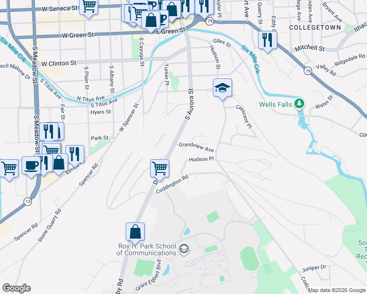 map of restaurants, bars, coffee shops, grocery stores, and more near 708 Hudson Street in Ithaca