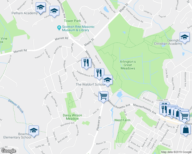 map of restaurants, bars, coffee shops, grocery stores, and more near 848 Massachusetts Ave in Lexington