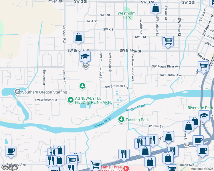 map of restaurants, bars, coffee shops, grocery stores, and more near 1209 Southwest Cottonwood Street in Grants Pass