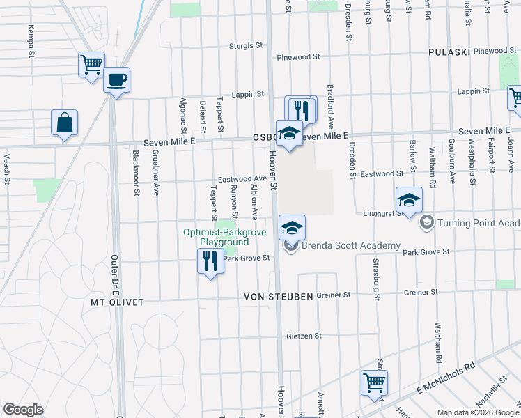 map of restaurants, bars, coffee shops, grocery stores, and more near 18500 Albion Avenue in Detroit