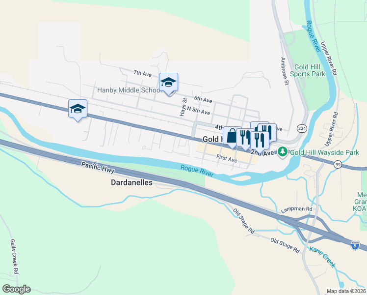 map of restaurants, bars, coffee shops, grocery stores, and more near 760 Riverside Avenue in Gold Hill