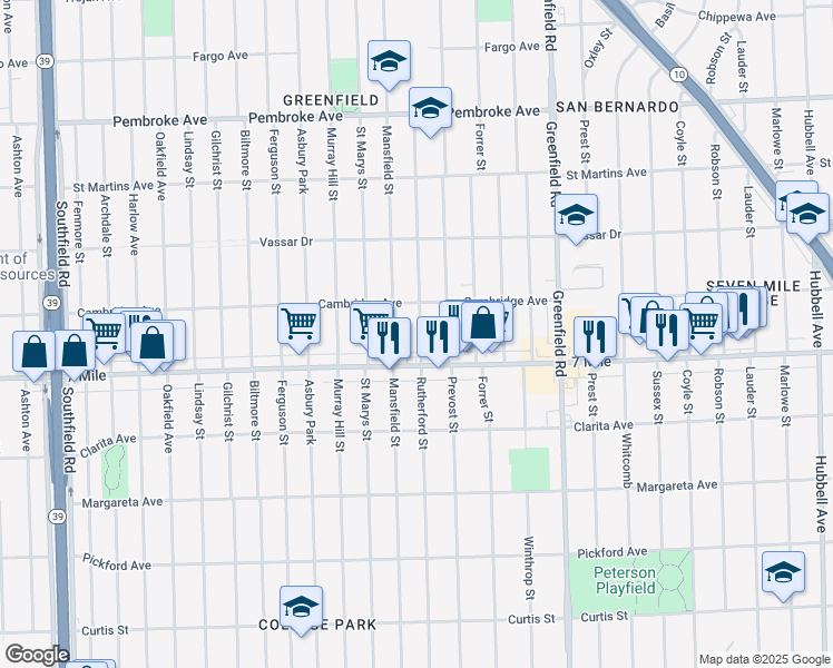 map of restaurants, bars, coffee shops, grocery stores, and more near 18990 Rutherford Street in Detroit
