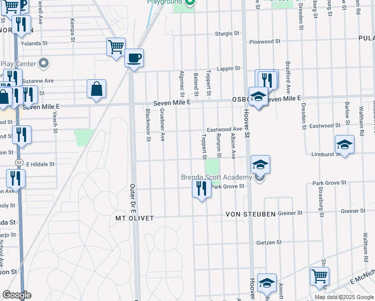 map of restaurants, bars, coffee shops, grocery stores, and more near 18635 Beland Street in Detroit