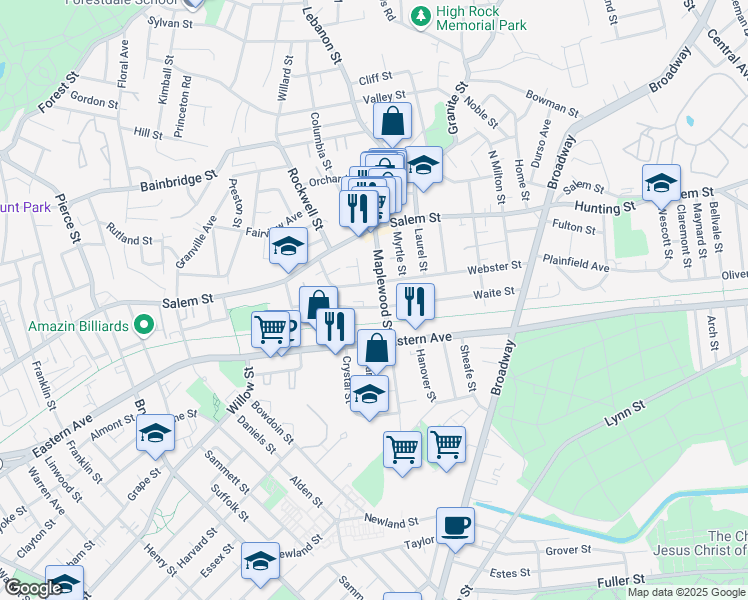 map of restaurants, bars, coffee shops, grocery stores, and more near 45 Maplewood Street in Malden