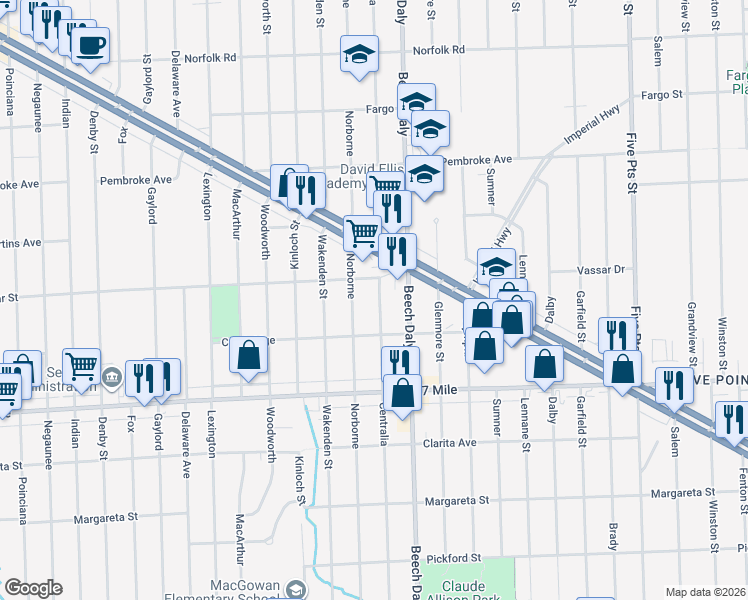 map of restaurants, bars, coffee shops, grocery stores, and more near 19363 Centralia in Redford Charter Township