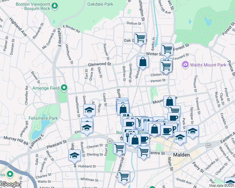 map of restaurants, bars, coffee shops, grocery stores, and more near 134 Summer Street in Malden