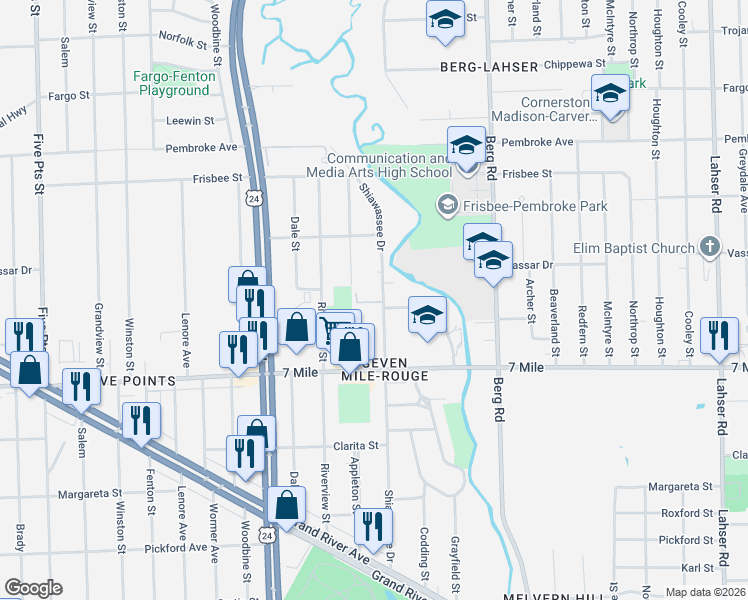 map of restaurants, bars, coffee shops, grocery stores, and more near 19300 Shiawassee Drive in Detroit