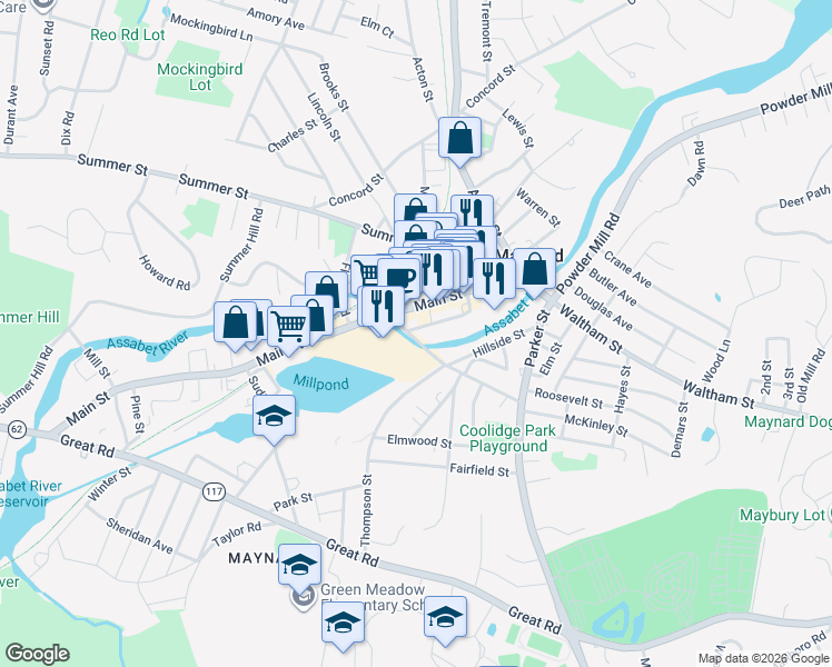 map of restaurants, bars, coffee shops, grocery stores, and more near 12 Walnut Street in Maynard
