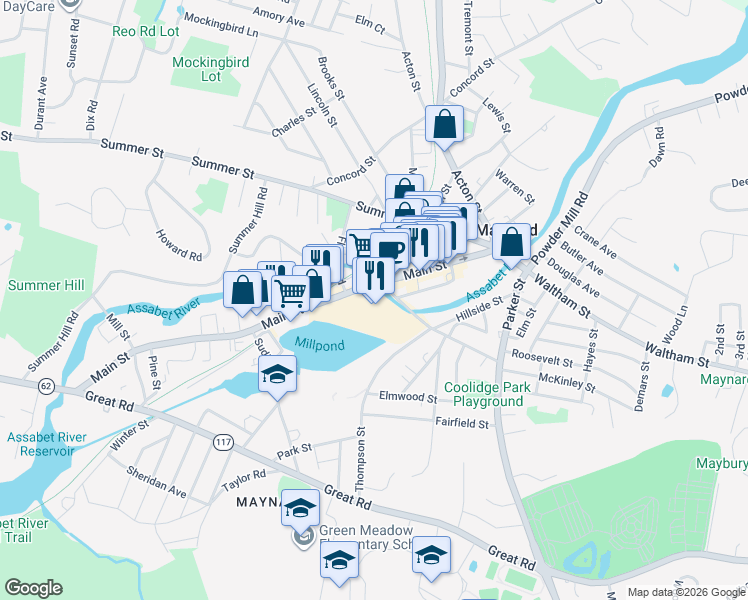 map of restaurants, bars, coffee shops, grocery stores, and more near 129 Main Street in Maynard