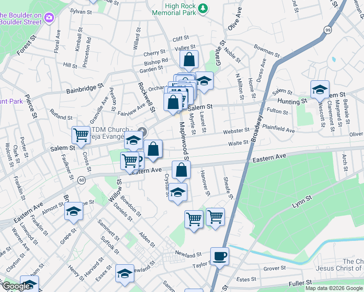 map of restaurants, bars, coffee shops, grocery stores, and more near 67 Maplewood Street in Malden