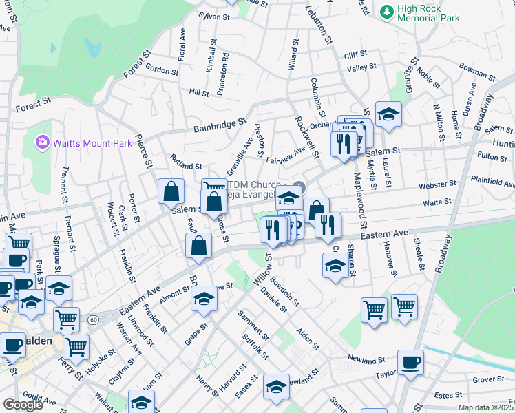 map of restaurants, bars, coffee shops, grocery stores, and more near 47 Seaview Avenue in Malden