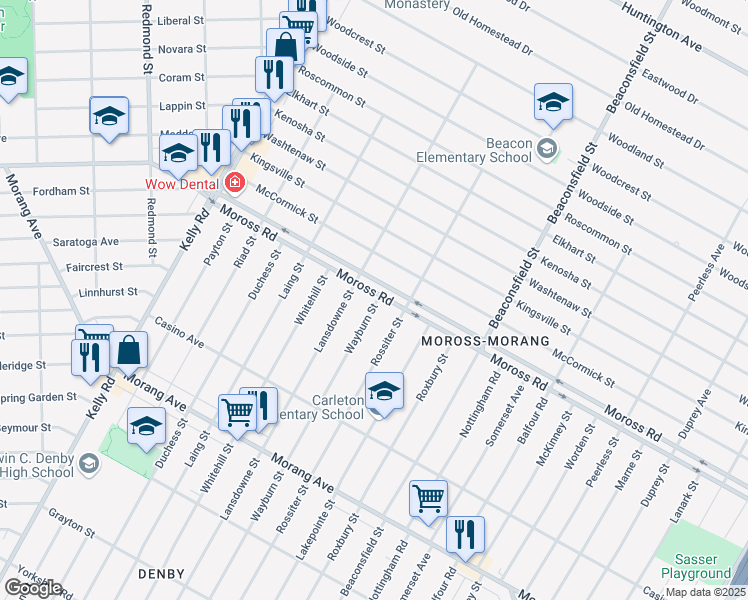 map of restaurants, bars, coffee shops, grocery stores, and more near 19144 Moross Road in Detroit