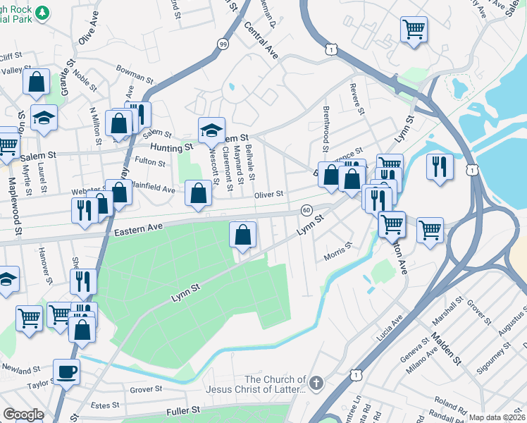 map of restaurants, bars, coffee shops, grocery stores, and more near 172 Oliver Street in Malden