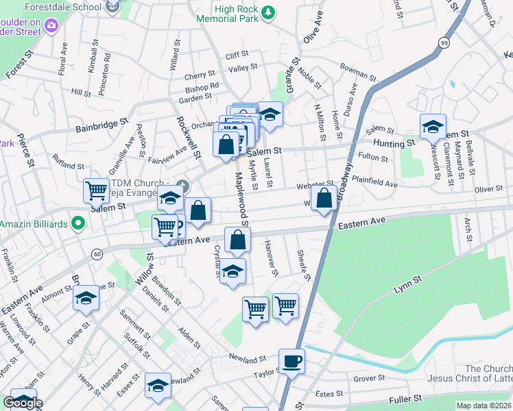 map of restaurants, bars, coffee shops, grocery stores, and more near 112 Webster Street in Malden
