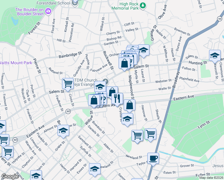 map of restaurants, bars, coffee shops, grocery stores, and more near 17 Webster Street in Malden