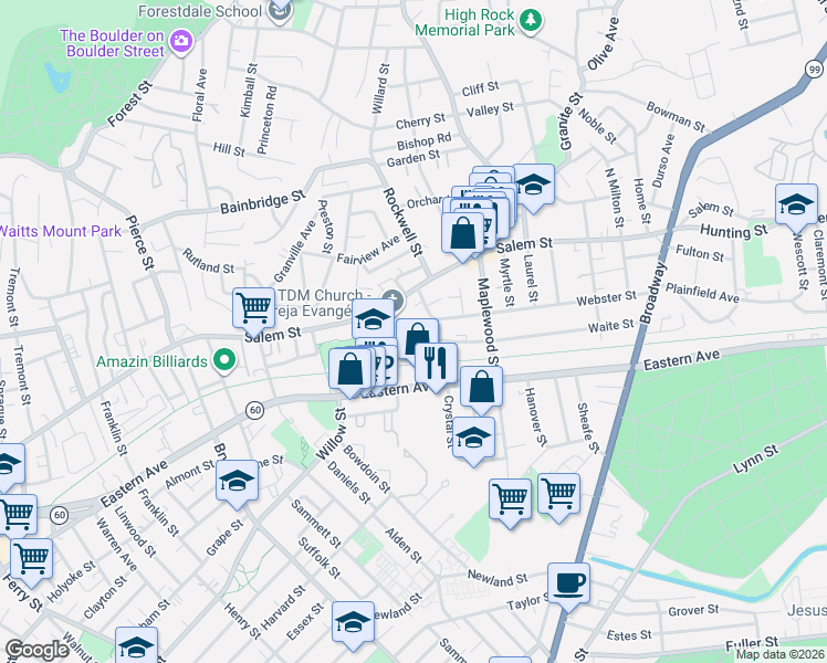 map of restaurants, bars, coffee shops, grocery stores, and more near 563 Salem Street in Malden