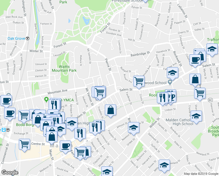 map of restaurants, bars, coffee shops, grocery stores, and more near 18 Kenilworth Street in Malden