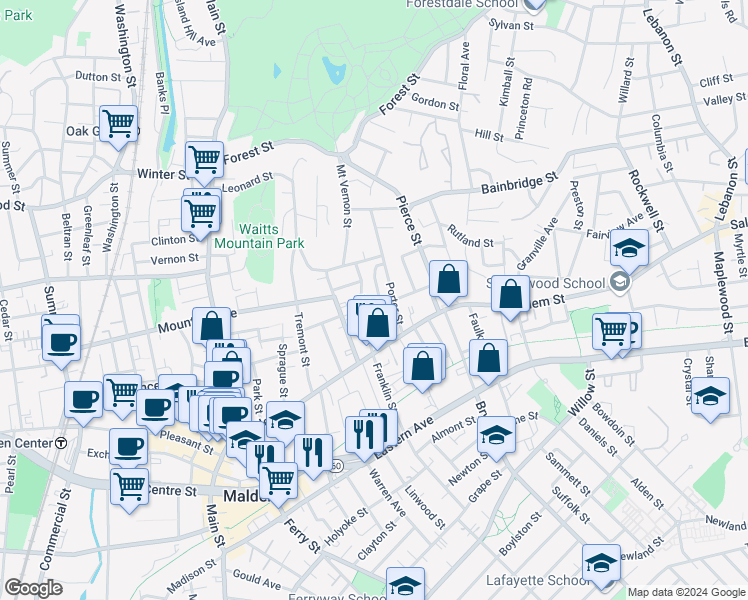 map of restaurants, bars, coffee shops, grocery stores, and more near 75 Wolcott Street in Malden