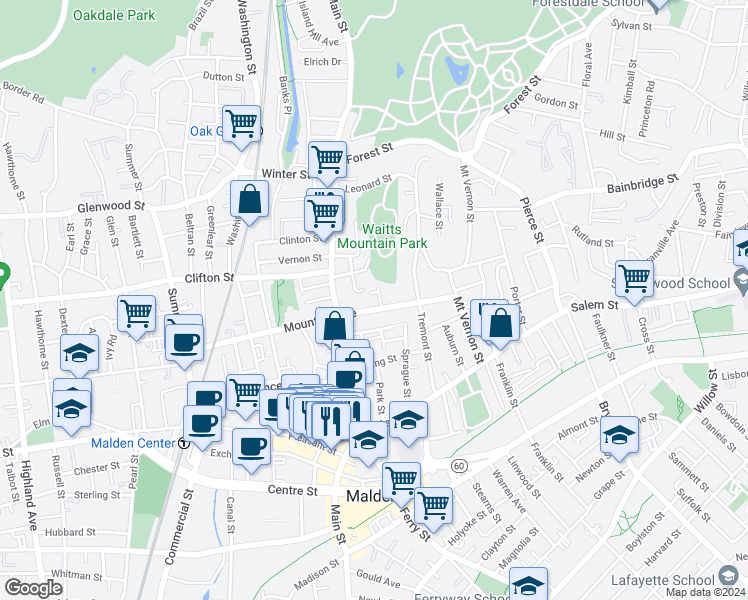 map of restaurants, bars, coffee shops, grocery stores, and more near 20 Crescent Avenue in Malden