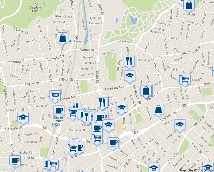 map of restaurants, bars, coffee shops, grocery stores, and more near 52 Crescent Avenue in Malden