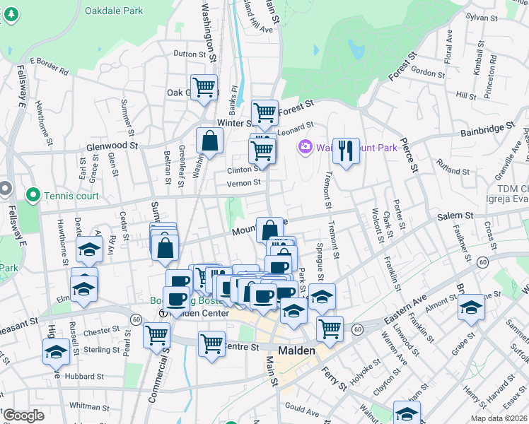 map of restaurants, bars, coffee shops, grocery stores, and more near 16 Clifton Street in Malden