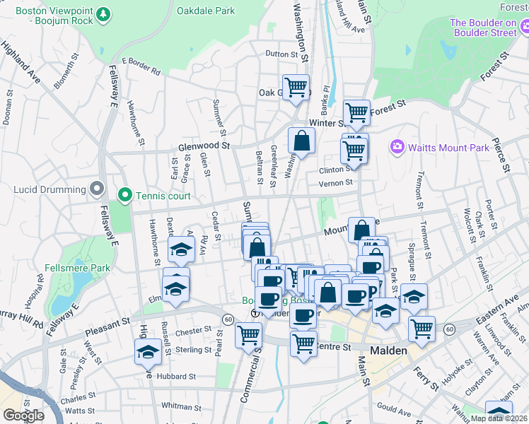 map of restaurants, bars, coffee shops, grocery stores, and more near 129 Clifton Street in Malden