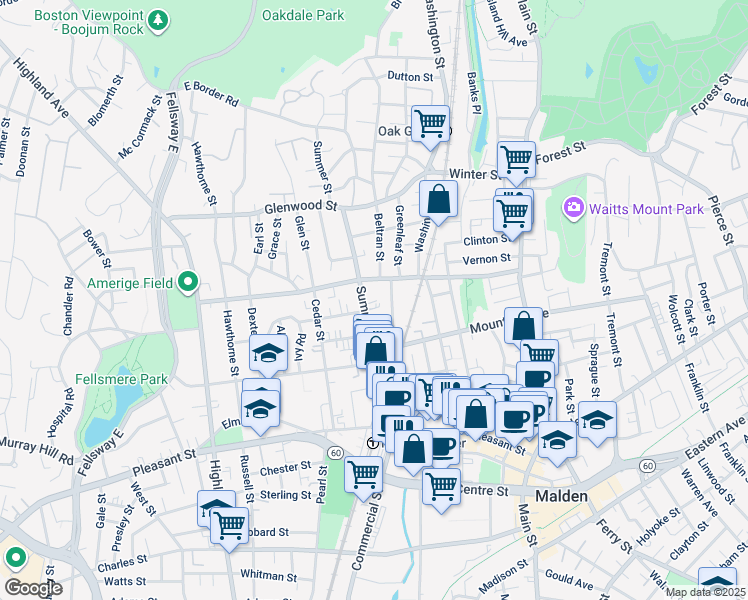map of restaurants, bars, coffee shops, grocery stores, and more near 161 Clifton Street in Malden