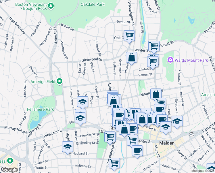 map of restaurants, bars, coffee shops, grocery stores, and more near 161 Clifton Street in Malden