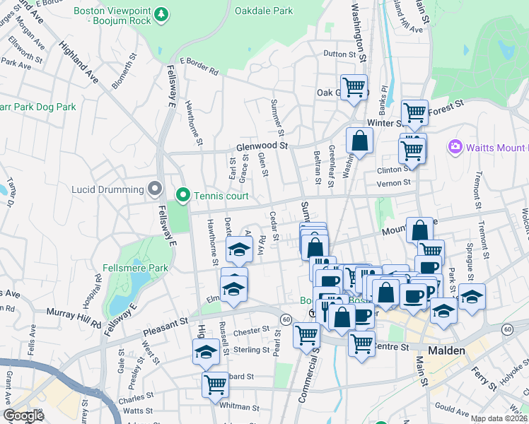 map of restaurants, bars, coffee shops, grocery stores, and more near 1 Kernwood Street in Malden