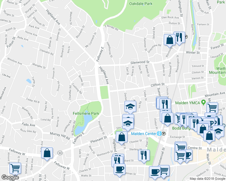 map of restaurants, bars, coffee shops, grocery stores, and more near 129 Hawthorne Street in Malden