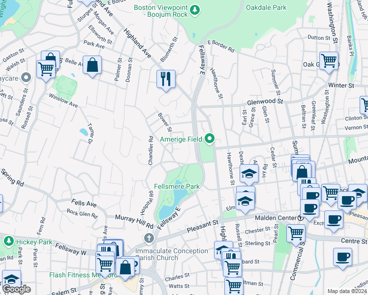 map of restaurants, bars, coffee shops, grocery stores, and more near 40 Clyde Street in Malden