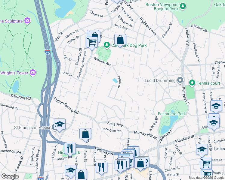 map of restaurants, bars, coffee shops, grocery stores, and more near 10 Nathaniel Road in Medford