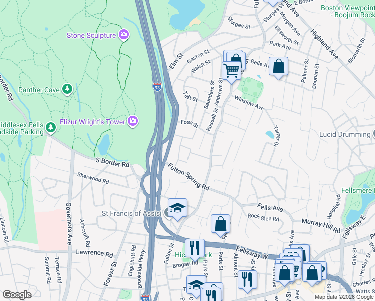 map of restaurants, bars, coffee shops, grocery stores, and more near 29 Gordon Road in Medford