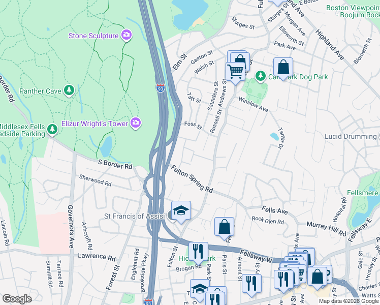 map of restaurants, bars, coffee shops, grocery stores, and more near 29 Gordon Road in Medford