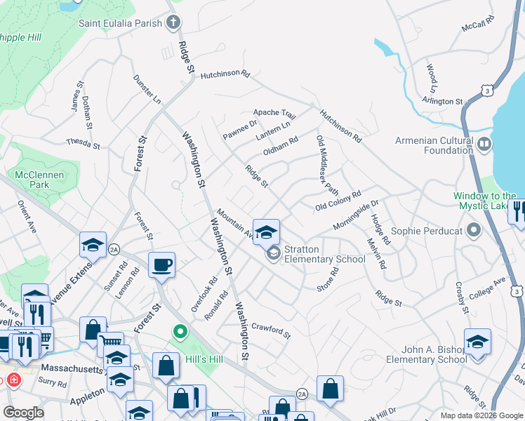 map of restaurants, bars, coffee shops, grocery stores, and more near 342 Ridge Street in Arlington
