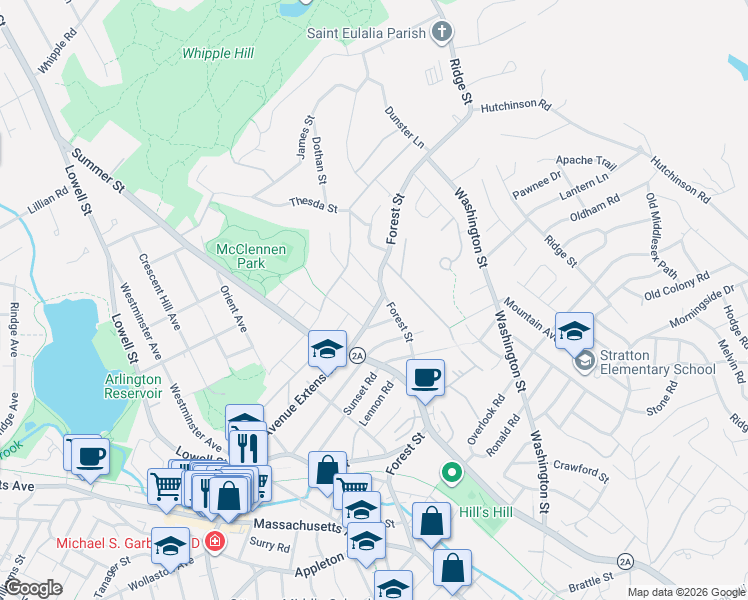 map of restaurants, bars, coffee shops, grocery stores, and more near 6 Heard Road in Arlington