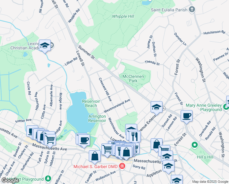 map of restaurants, bars, coffee shops, grocery stores, and more near 129 Madison Avenue in Arlington