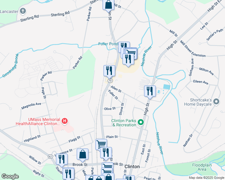 map of restaurants, bars, coffee shops, grocery stores, and more near 1031 Main Street in Clinton