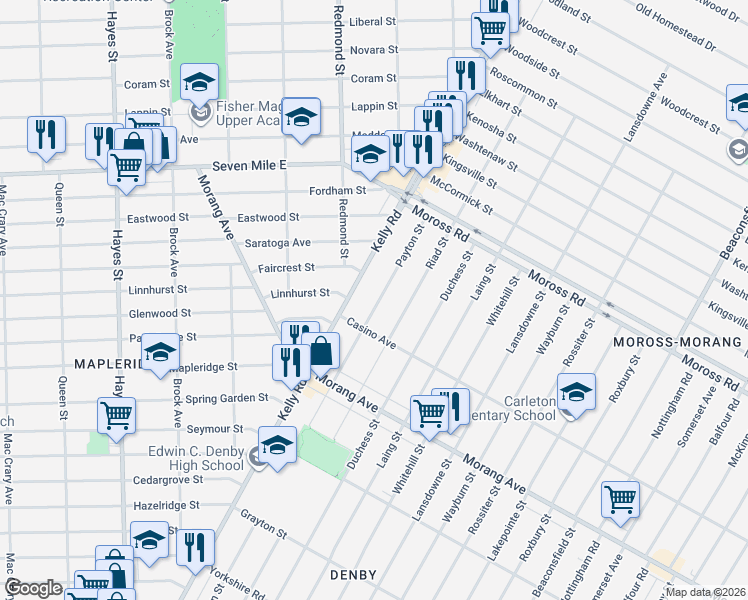 map of restaurants, bars, coffee shops, grocery stores, and more near 18654 Kelly Road in Detroit