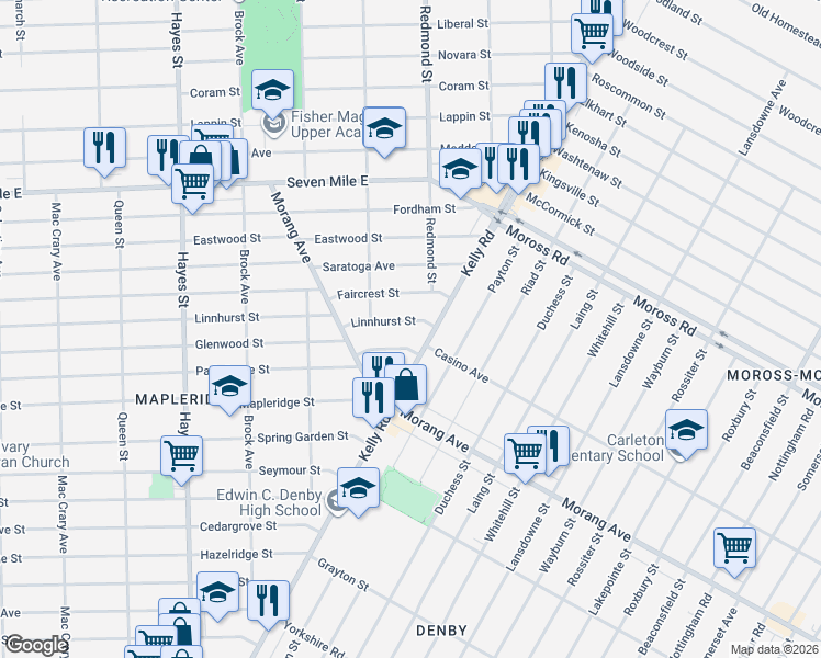 map of restaurants, bars, coffee shops, grocery stores, and more near 15900 Faircrest Street in Detroit