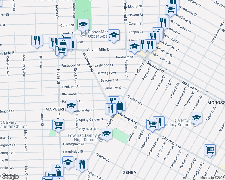 map of restaurants, bars, coffee shops, grocery stores, and more near 15822 Faircrest Street in Detroit