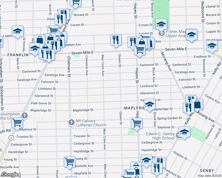 map of restaurants, bars, coffee shops, grocery stores, and more near 14832 Faircrest Street in Detroit