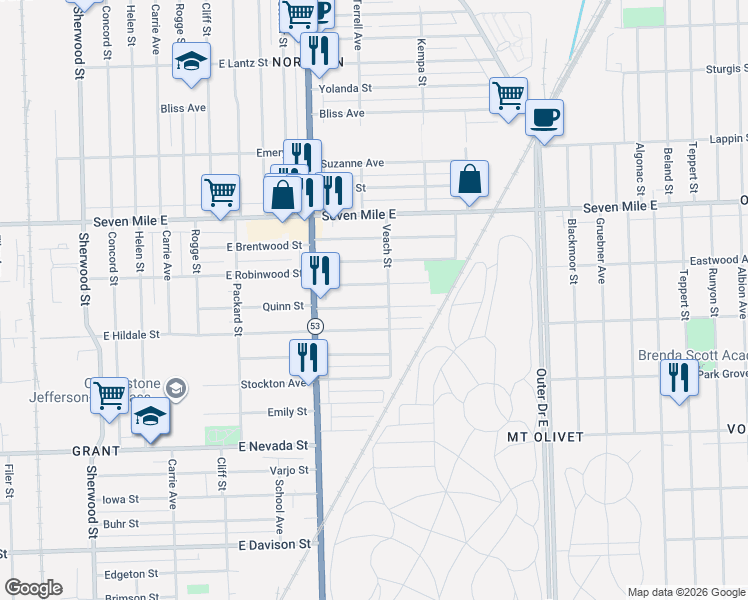 map of restaurants, bars, coffee shops, grocery stores, and more near 8105 East Robinwood Street in Detroit