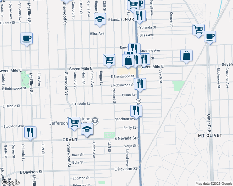 map of restaurants, bars, coffee shops, grocery stores, and more near 7538 East Robinwood Street in Detroit