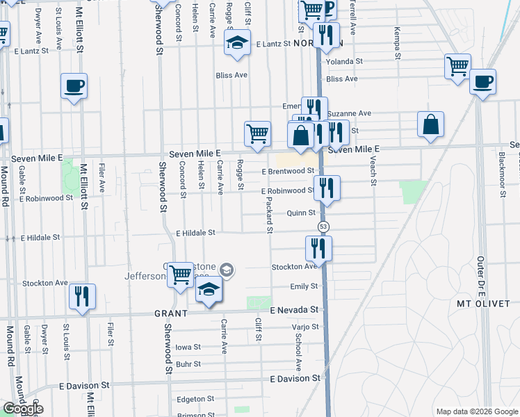 map of restaurants, bars, coffee shops, grocery stores, and more near 7474 East Robinwood Street in Detroit