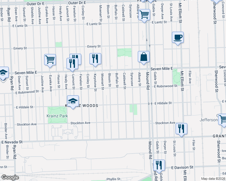 map of restaurants, bars, coffee shops, grocery stores, and more near 18828 Bloom Street in Detroit
