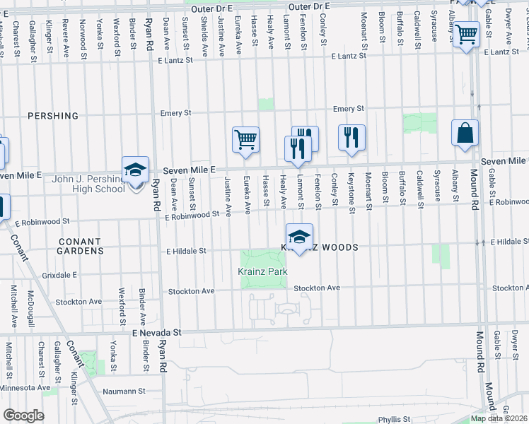 map of restaurants, bars, coffee shops, grocery stores, and more near 18831 Hasse Street in Detroit